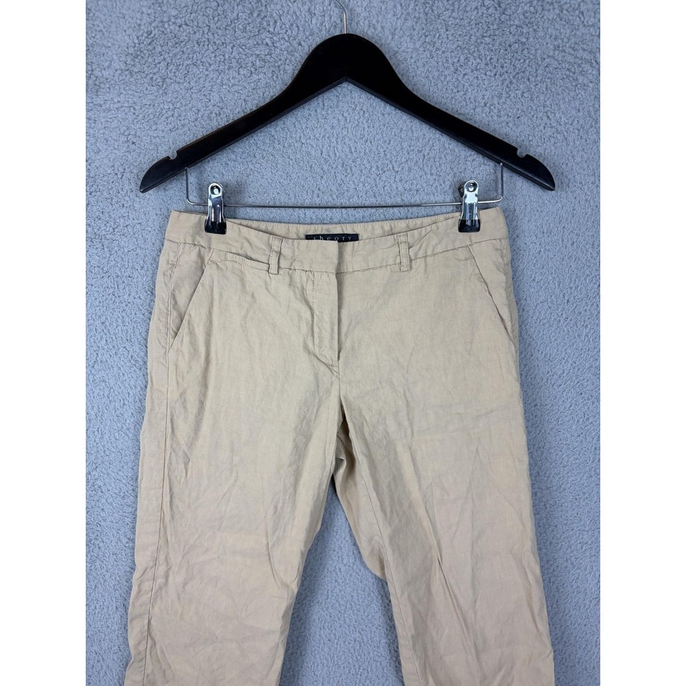 Theory Pants Womens 2 Beige Linen Blend Chino Tapered Slim Stretch Twill Casual